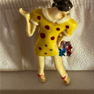 Yellow Polka Dot Lady Brooch with Flower Accent